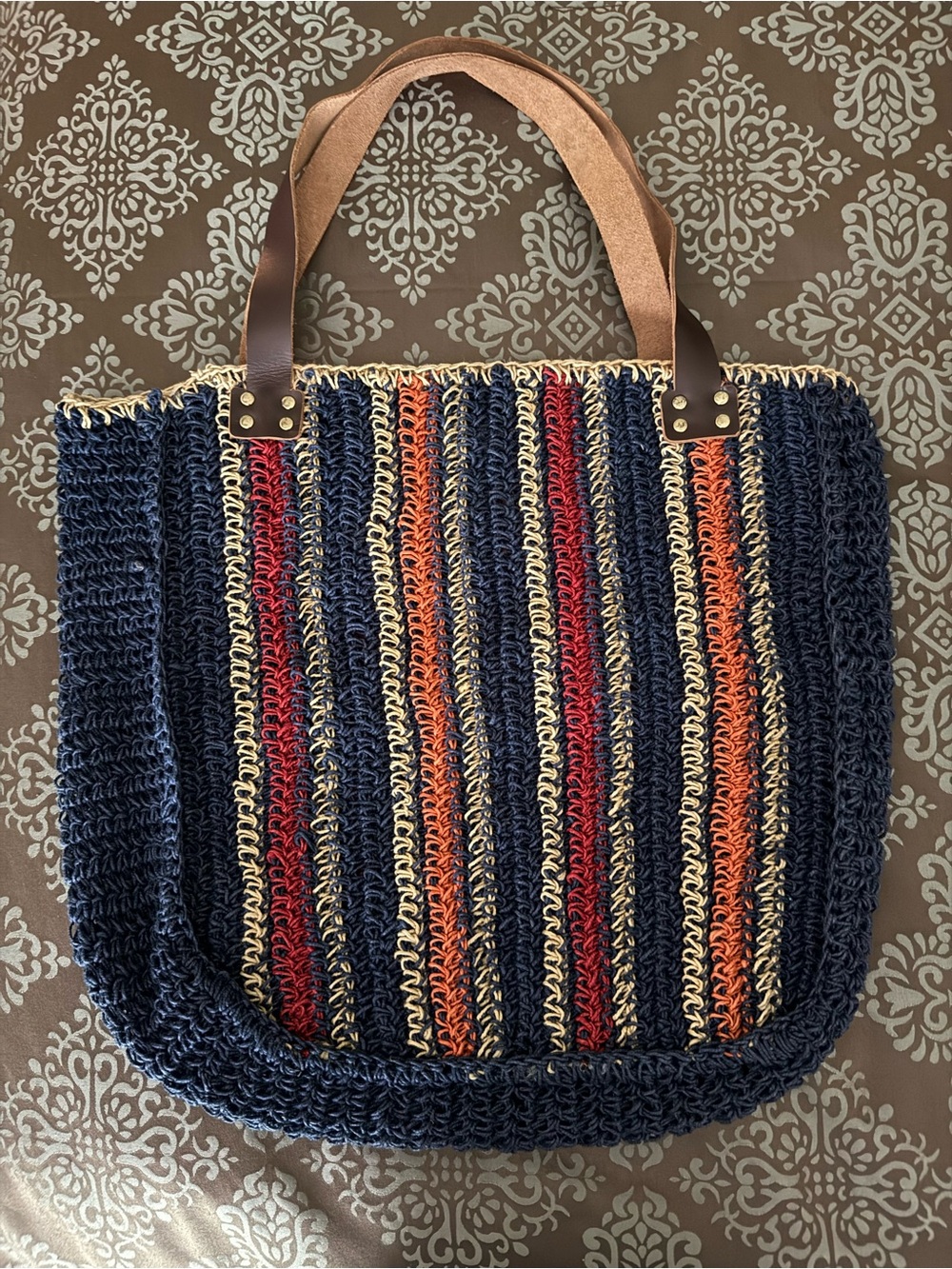 Navy Handwoven Striped Tote with Leather Handles